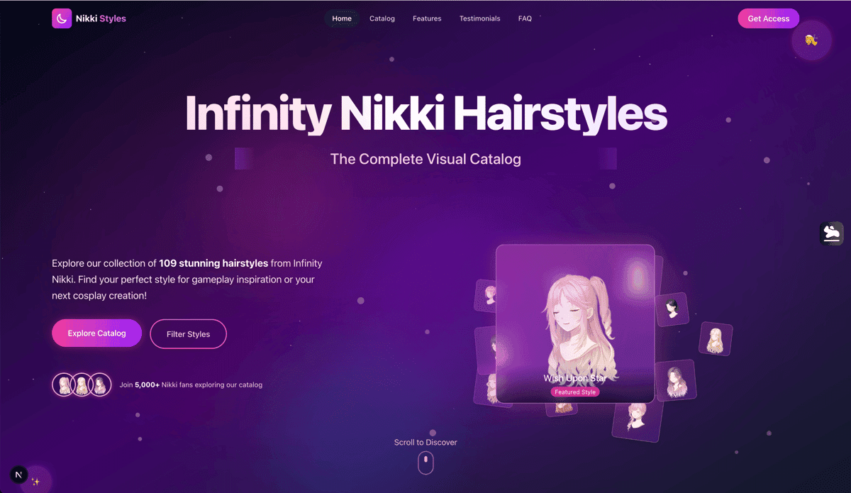 Infinity Nikki Hairstyles landing page screenshot