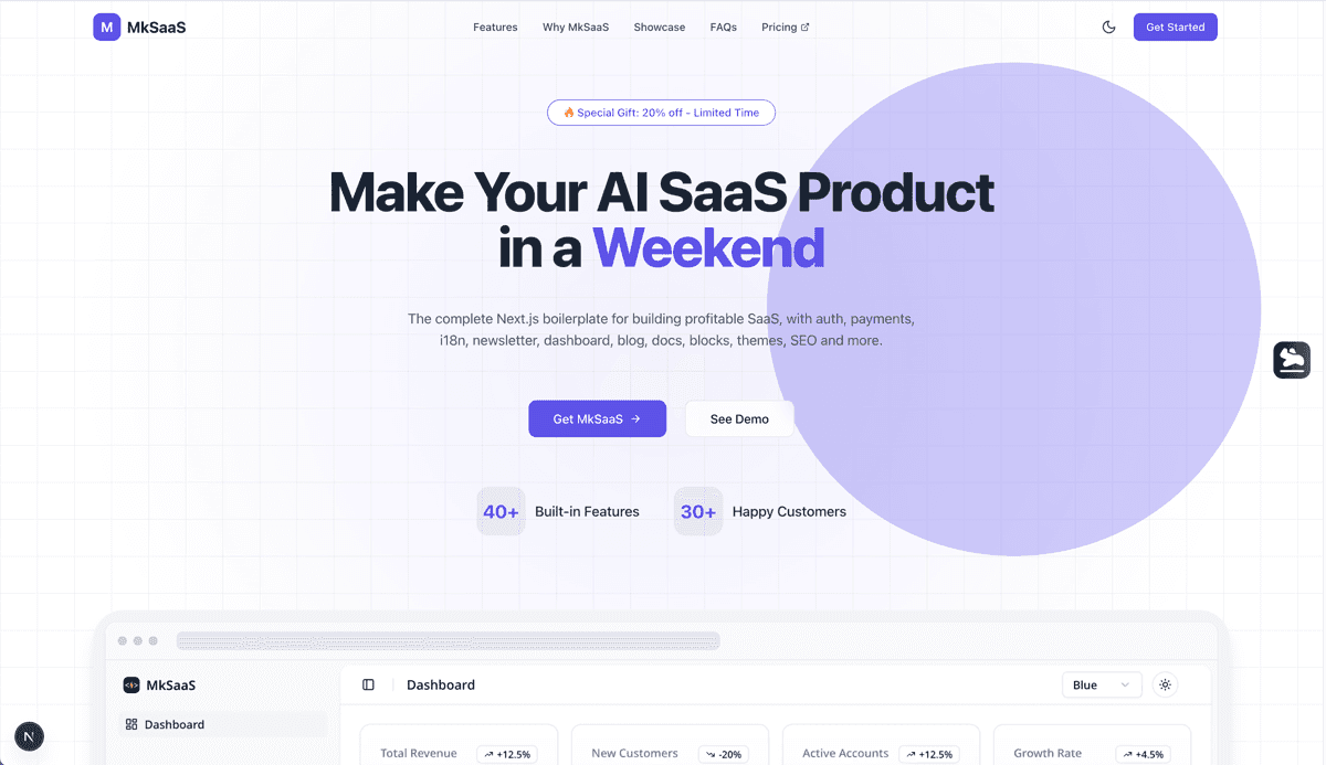 MkSaaS - The Ultimate SaaS Boilerplate landing page screenshot