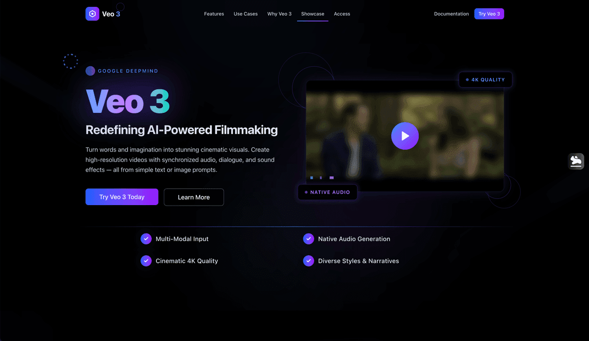 Veo 3 — Redefining AI-Powered Filmmaking landing page screenshot